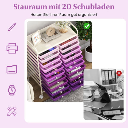 Mobilus daiktų laikymo vežimėlis su 20 sudedamų stalčių, violetinis