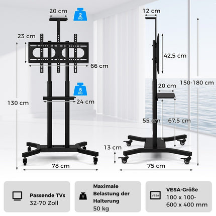 Mobile TV stand for 32-70 inch TVs up to 50 kg. Adjustable TV trolley with camera shelf