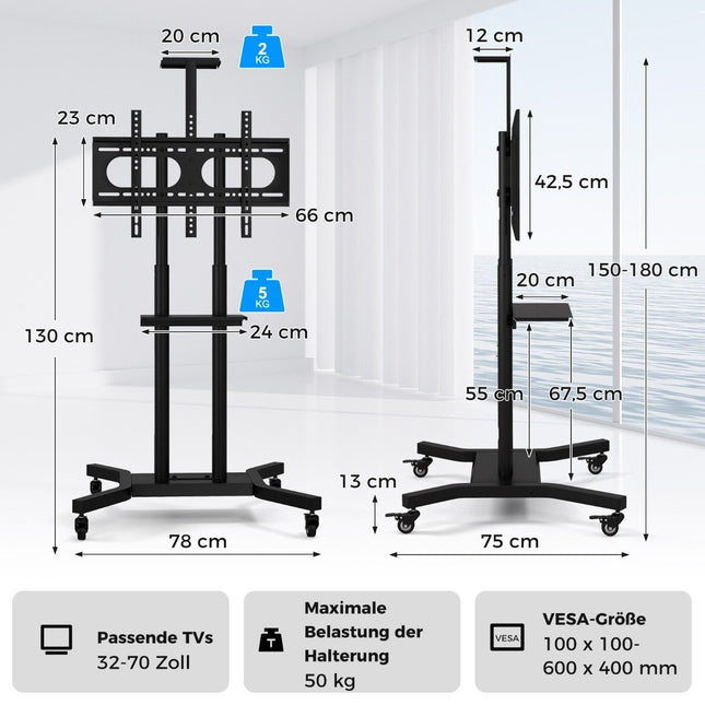 Mobilus televizoriaus stovas 32-70 colių televizoriams iki 50 kg. Reguliuojamas televizoriaus vežimėlis su lentyna kamerai.