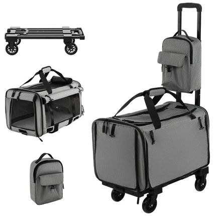Mobile transport box with telescopic handle & wheels & small bag for cats, dogs, grey
