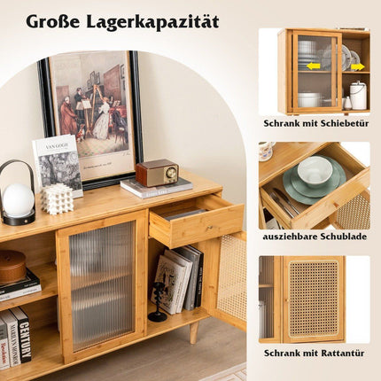 Moderni bufetinė spintelė su stumdomomis durelėmis, pagaminta iš grūdinto stiklo rotango bohemiško indaujos