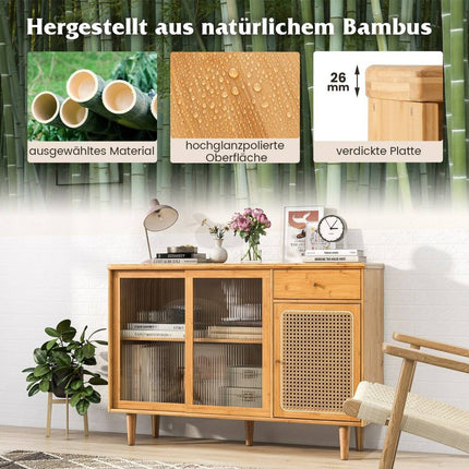 Moderni bufetinė spintelė su stumdomomis durelėmis, pagaminta iš grūdinto stiklo rotango bohemiško indaujos