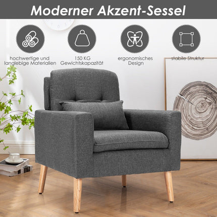 Modernus poilsio krėslas su porankiais ir nugaros pagalvėlėmis. Paminkštinta viengulė sofa, pilka, 73 x 77 x 85 cm.