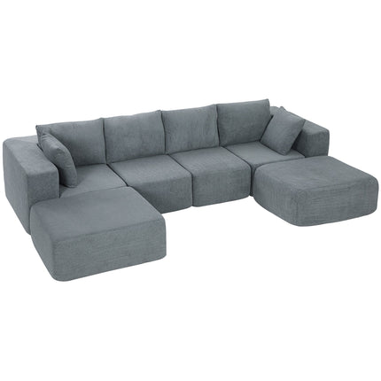 Modulinė U formos sofa su giliomis sėdynėmis, 2 pufai, tamsiai pilka