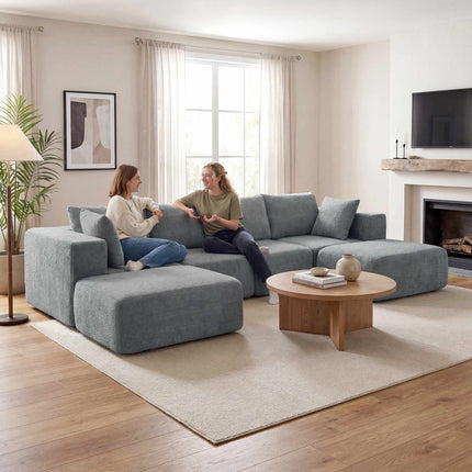Modulinė U formos sofa su giliomis sėdynėmis, 2 pufai, tamsiai pilka