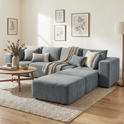 Modulinė U formos sofa su giliomis sėdynėmis, 2 pufai, tamsiai pilka
