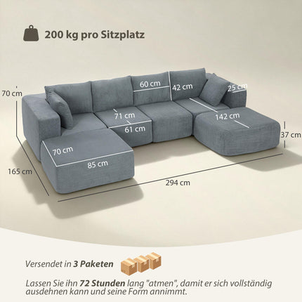 Modulinė U formos sofa su giliomis sėdynėmis, 2 pufai, tamsiai pilka