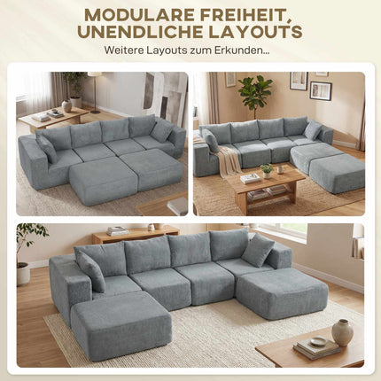 Modulinė U formos sofa su giliomis sėdynėmis, 2 pufai, tamsiai pilka