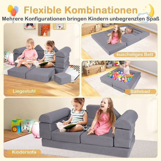 Modulinė vaikiška sofa, 9 dalių žaidimų sofa, pagaminta iš putplasčio kaladėlių su patogiu zomšos audiniu, pilka
