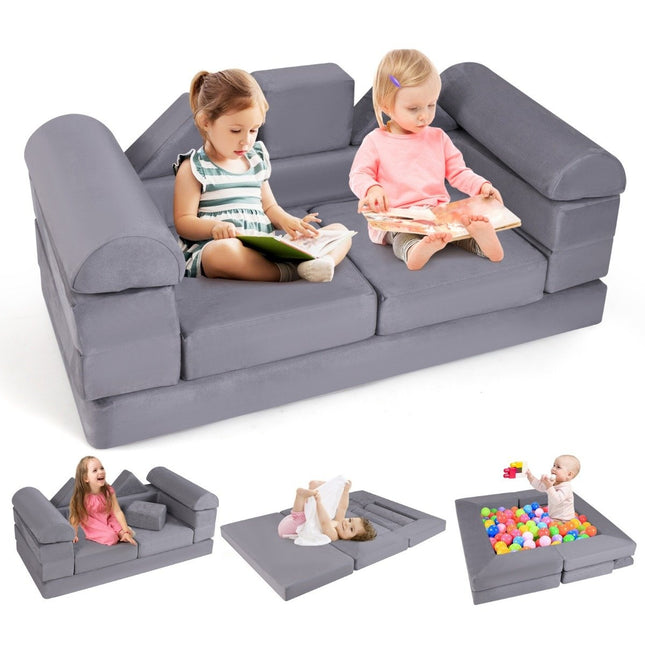 Modulinė vaikiška sofa, 9 dalių žaidimų sofa, pagaminta iš putplasčio kaladėlių su patogiu zomšos audiniu, pilka