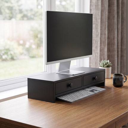 Monitoriaus pakyla su 2 stalčiais, juodas MDF, 47 cm