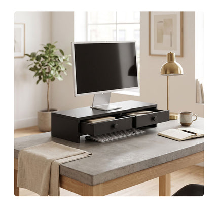 Monitoriaus pakyla su 2 stalčiais, juodas MDF, 47 cm