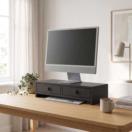Monitoriaus pakyla su 2 stalčiais, juodas MDF, 47 cm