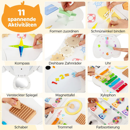 Montessori sieninis žaislas „Busy Board“ - 11 viename veiklos centras