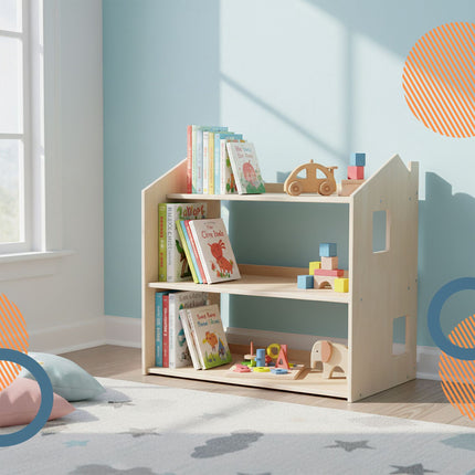 Montessori vaikų knygų lentyna, namelio formos