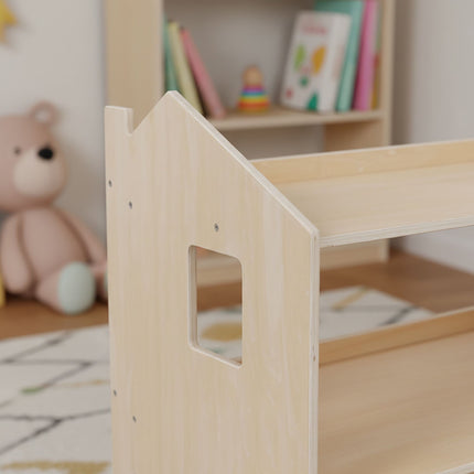 Montessori vaikų knygų lentyna, namelio formos