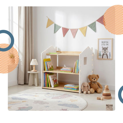 Montessori vaikų knygų lentyna, namelio formos, MDF
