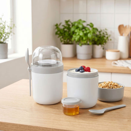 Miuslių puodeliai išsinešimui su šaukšteliu, 4 vnt. pakuotė, plastikas be BPA