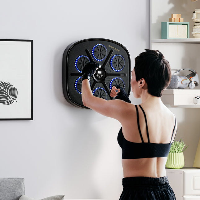 Muzikinis bokso aparatas, elektroninis „Bluetooth“ bokso aparatas su LED lemputėmis, muzika, prie sienos tvirtinamas bokso taikinys suaugusiesiems, mankšta namuose, juodas