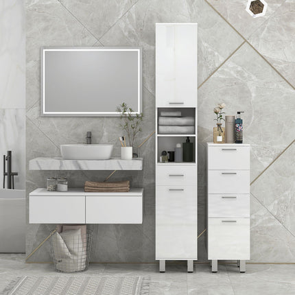 Tall white bathroom cabinet with adjustable shelf and drawers