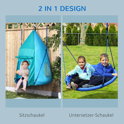 Children's swing with tent, adjustable, waterproof, blue-green