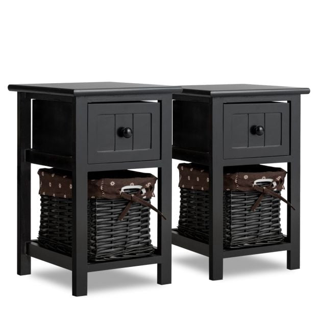Nightstand, 2-Tier Wood with Drawer and Basket, Black