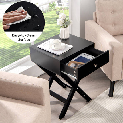 Naktinis staliukas su stalčiumi, X formos MDF, juodas