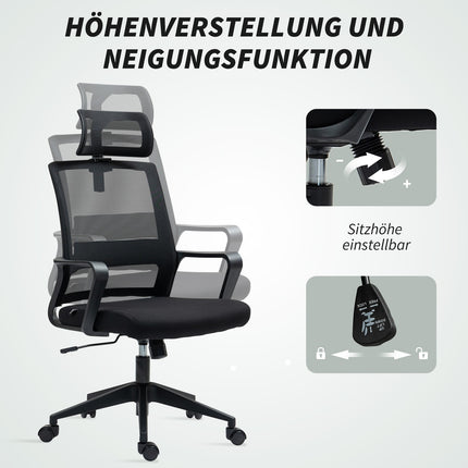 Ergonomiška biuro kėdė su porankiu, reguliuojama galvos atrama, reguliuojamo aukščio tinklinė pasukama kėdė su supamąja funkcija, juoda