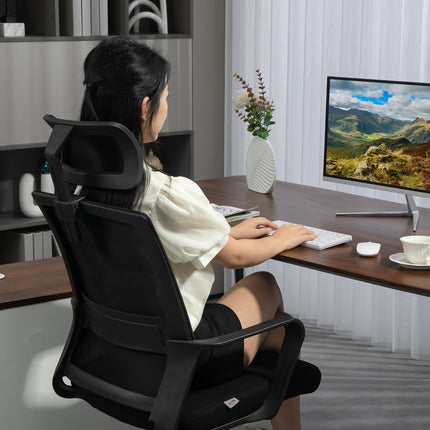 Ergonomiška biuro kėdė su porankiu, reguliuojama galvos atrama, reguliuojamo aukščio tinklinė pasukama kėdė su supamąja funkcija, juoda