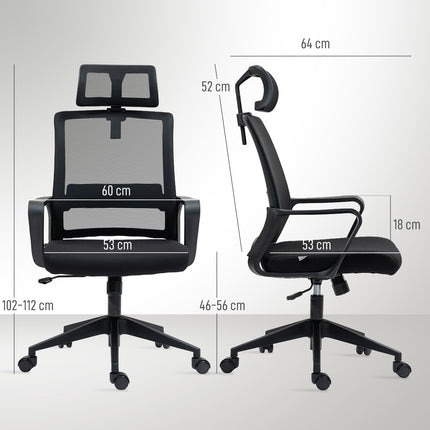Ergonomiška biuro kėdė su porankiu, reguliuojama galvos atrama, reguliuojamo aukščio tinklinė pasukama kėdė su supamąja funkcija, juoda