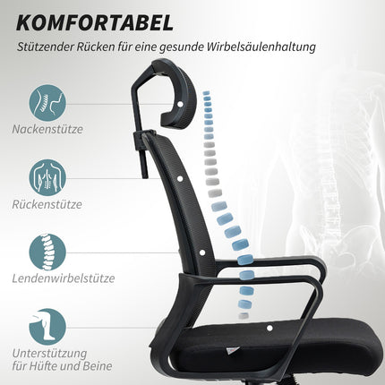 Ergonomiška biuro kėdė su porankiu, reguliuojama galvos atrama, reguliuojamo aukščio tinklinė pasukama kėdė su supamąja funkcija, juoda