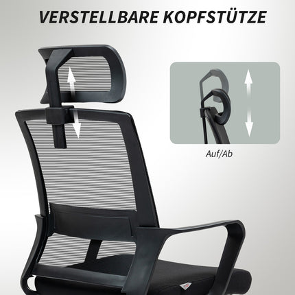 Ergonomiška biuro kėdė su porankiu, reguliuojama galvos atrama, reguliuojamo aukščio tinklinė pasukama kėdė su supamąja funkcija, juoda