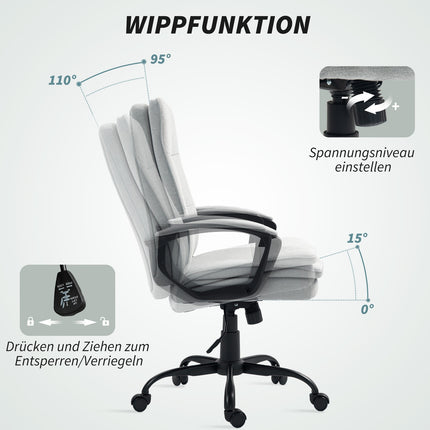 Ergonomiška biuro kėdė su porankiu, reguliuojamo aukščio pasukama kėdė su supamąja funkcija, lino imitacija, paminkštinta kompiuterio kėdė, pilka