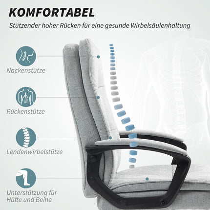 Ergonomiška biuro kėdė su porankiu, reguliuojamo aukščio pasukama kėdė su supamąja funkcija, lino imitacija, paminkštinta kompiuterio kėdė, pilka