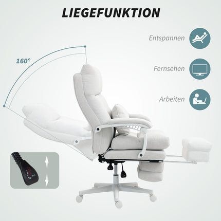 Ergonomiška biuro kėdė su juosmens atrama, aukšta nugara, pakoja, reguliuojamo aukščio besisukanti kėdė su lino imitacija, paminkštinta kompiuterio kėdė, kreminės baltos spalvos