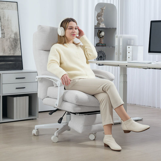 Ergonomiška biuro kėdė su juosmens atrama, aukšta nugara, pakoja, reguliuojamo aukščio besisukanti kėdė su lino imitacija, paminkštinta kompiuterio kėdė, kreminės baltos spalvos