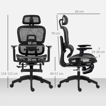 Ergonomiška biuro kėdė su porankiu, galvos atrama, juosmens atrama, reguliuojamo aukščio tinklinė pasukama kėdė su supamąja funkcija, atlošiama funkcija, juoda pakoja