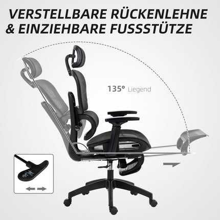 Ergonomiška biuro kėdė su porankiu, galvos atrama, juosmens atrama, reguliuojamo aukščio tinklinė pasukama kėdė su supamąja funkcija, atlošiama funkcija, juoda pakoja