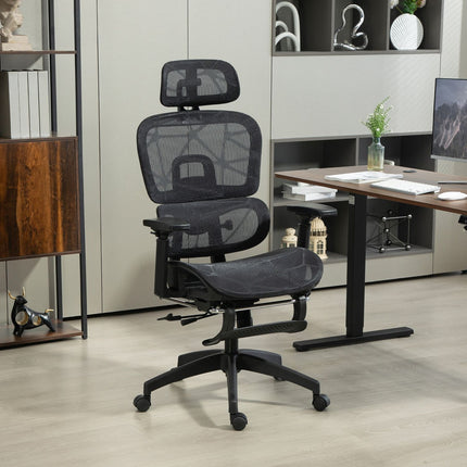 Ergonomiška biuro kėdė su porankiu, galvos atrama, juosmens atrama, reguliuojamo aukščio tinklinė pasukama kėdė su supamąja funkcija, atlošiama funkcija, juoda pakoja