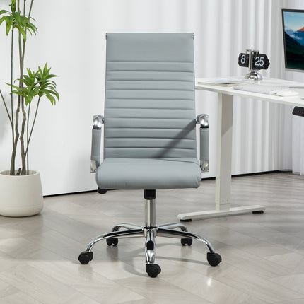 Biuro kėdė, ergonomiška stalo kėdė su supamąja funkcija, reguliuojamo aukščio pasukama kėdė su porankiu, kompiuterio kėdė, dirbtinė oda, šviesiai pilka