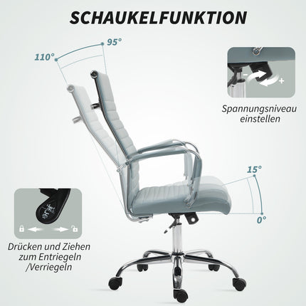 Biuro kėdė, ergonomiška stalo kėdė su supamąja funkcija, reguliuojamo aukščio pasukama kėdė su porankiu, kompiuterio kėdė, dirbtinė oda, šviesiai pilka