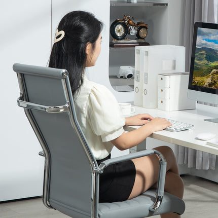 Biuro kėdė, ergonomiška stalo kėdė su supamąja funkcija, reguliuojamo aukščio pasukama kėdė su porankiu, kompiuterio kėdė, dirbtinė oda, šviesiai pilka