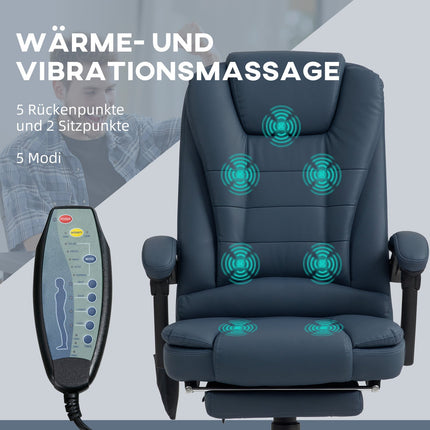 Biuro kėdė su 7 taškų masažu, ergonomiška biuro kėdė su atlošo funkcija, reguliuojamo aukščio vadovo kėdė su nuotolinio valdymo pultu, keliamoji galia 120 kg, studijoms, biurui, mėlyna