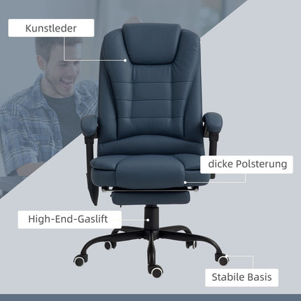 Biuro kėdė su 7 taškų masažu, ergonomiška biuro kėdė su atlošo funkcija, reguliuojamo aukščio vadovo kėdė su nuotolinio valdymo pultu, keliamoji galia 120 kg, studijoms, biurui, mėlyna