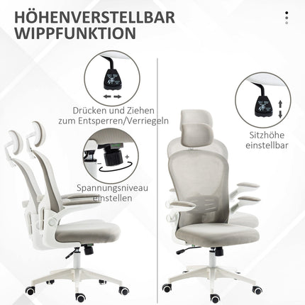 Ergonomic office chair, adjustable headrest, gray