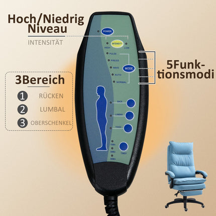 Biuro kėdė su masažo funkcija, ergonomiška stalo kėdė su atlošiama ir pasukama funkcija, reguliuojamo aukščio kompiuterio kėdė su kojų atrama, nuotolinio valdymo pultu ir laikmačiu, mėlyna