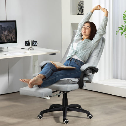 Biuro kėdė su masažo funkcija, ergonomiška stalo kėdė su atlošiama ir pasukama funkcija, reguliuojamo aukščio kompiuterio kėdė su kojų atrama, nuotolinio valdymo pultu ir laikmačiu, šviesiai pilka