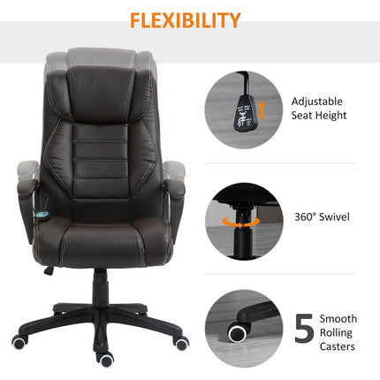 Biuro kėdė su masažo funkcija, reguliuojamo aukščio vadovo kėdė, ergonomiška pasukama kėdė, 6 vibracijos taškai, ruda