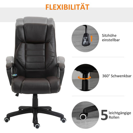 Biuro kėdė su masažo funkcija, reguliuojamo aukščio vadovo kėdė, ergonomiška pasukama kėdė, 6 vibracijos taškai, ruda