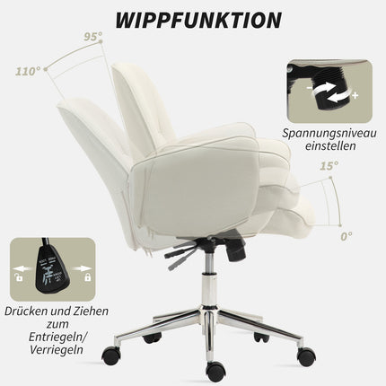Biuro kėdė su supamąja funkcija, rašomojo stalo kėdė, reguliuojamo aukščio pasukama kėdė, ergonomiška darbo kėdė, moderni, gali išlaikyti iki 120 kg, mikropluošto, kreminės baltos spalvos, 67 x 69 x 92-102 cm